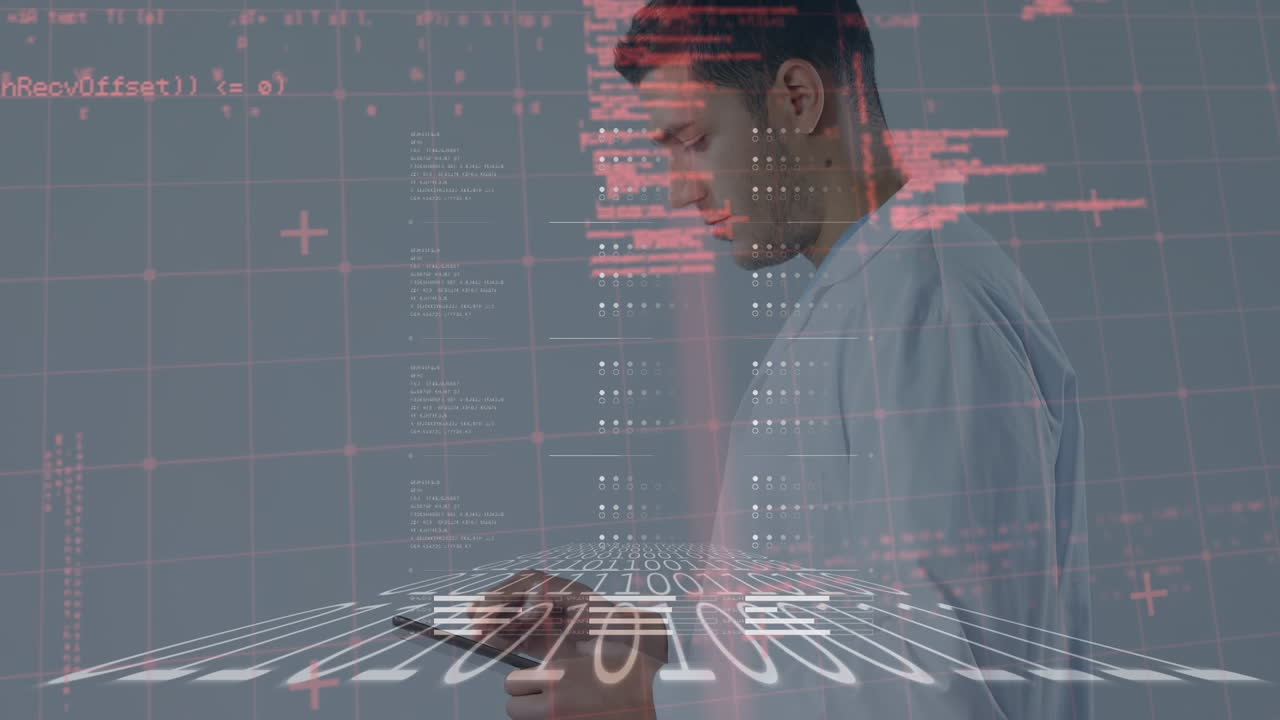 animación del procesamiento de datos sobre un médico caucásico usando una tableta