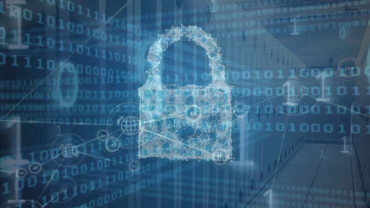 Animation of padlock icon with data processing and network of connections over server room
