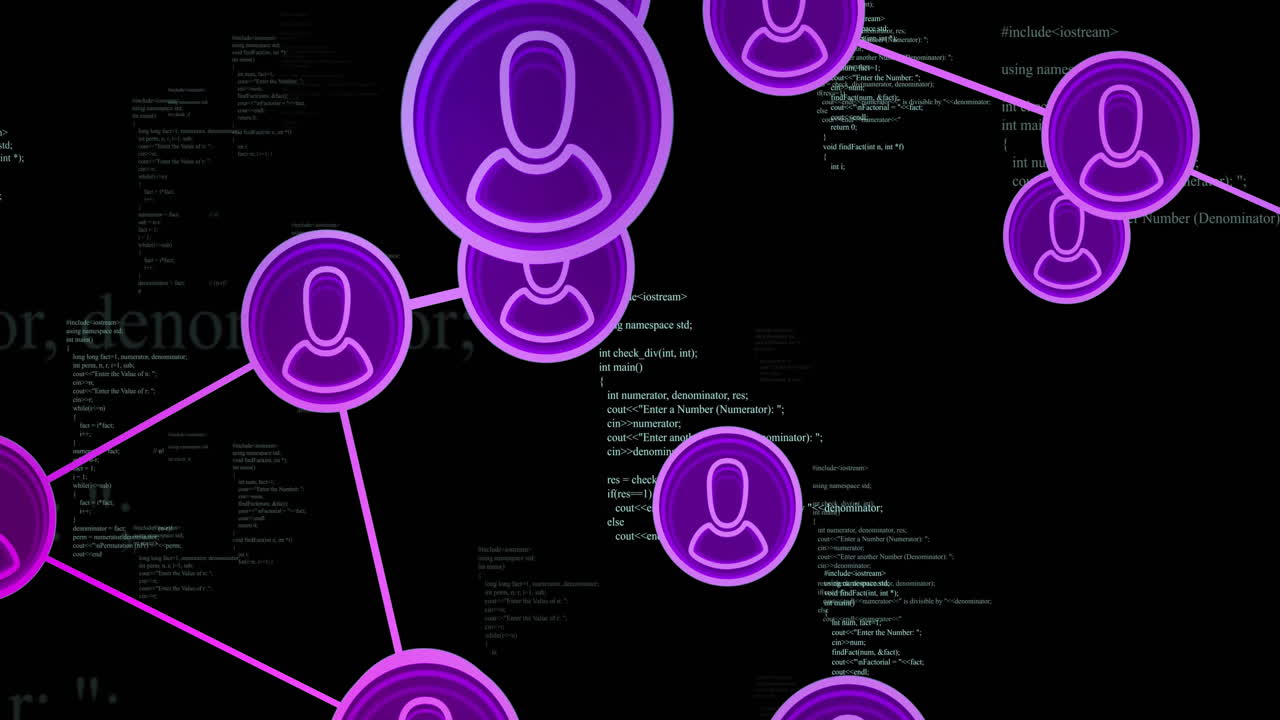 сеть пользовательских икон, соединенных линиями через анимацию программного кода