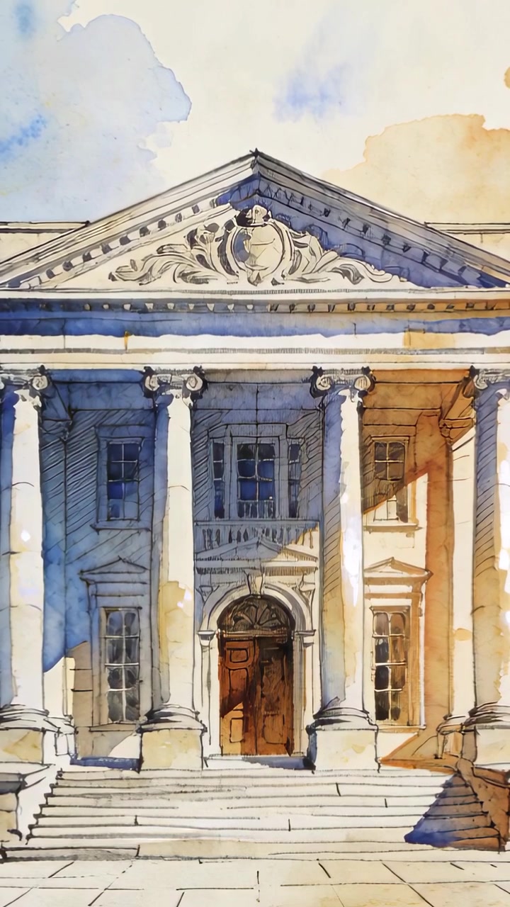 Video verticale: Panoramica della telecamera che mostra una facciata dipinta in una piazza con colonne, porta e frontone.