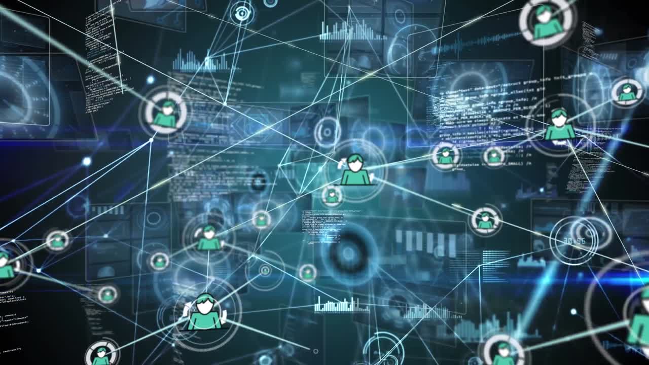Animation of connected dots and icons on circles, radars, computer language, globes in background