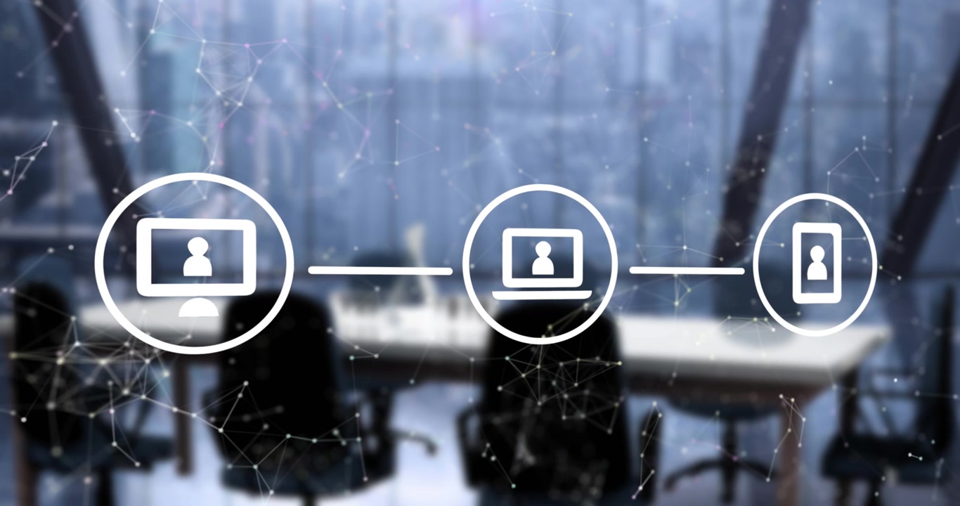 Animation of network of connections with icons over womans eye