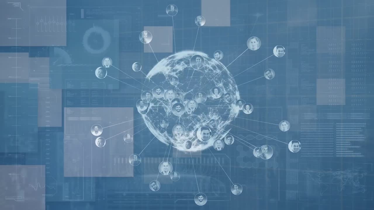 아이콘의 애니메이션, 연결의 네트워크 및 파란색 공간에서 회전하는 지구