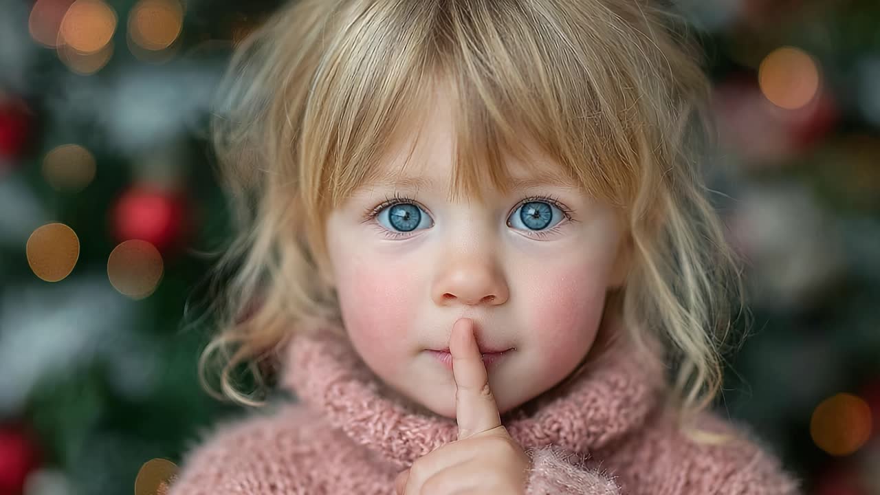 A Young Child in a Cozy Sweater Silently Asks for Quiet, Captured in a Heartwarming Moment Against a Festive Background of Soft Lights and Colors