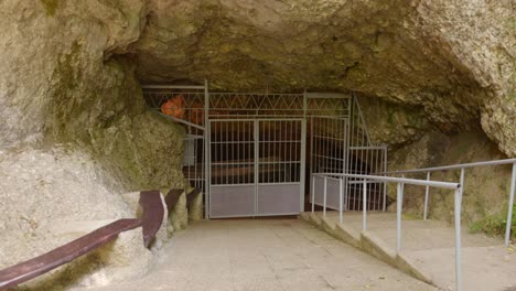 metal gates securing the entrance to the labouiche underground river cave, ariège, france