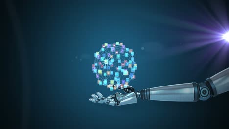 animación de una red de iconos de medios sobre la mano del brazo del robot, con luz rosa sobre fondo oscuro