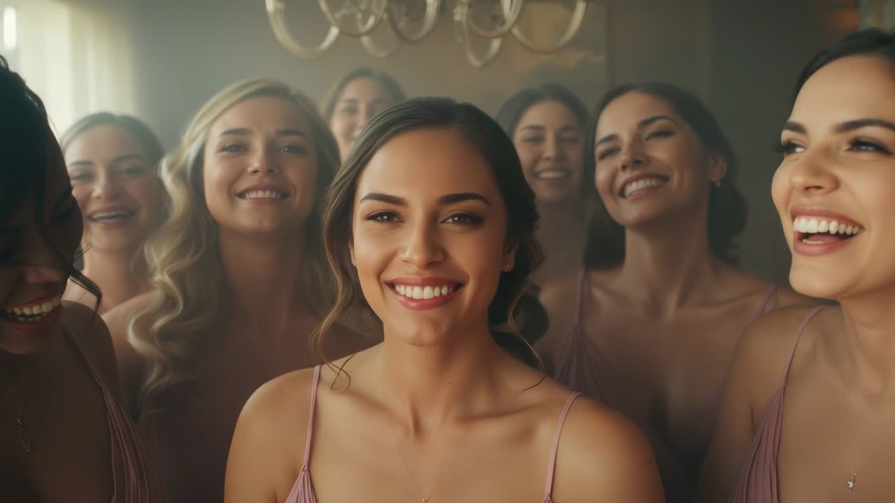 Smiling lead woman widening smile with camera closing in, friends celebrating in suite, mauve gowns