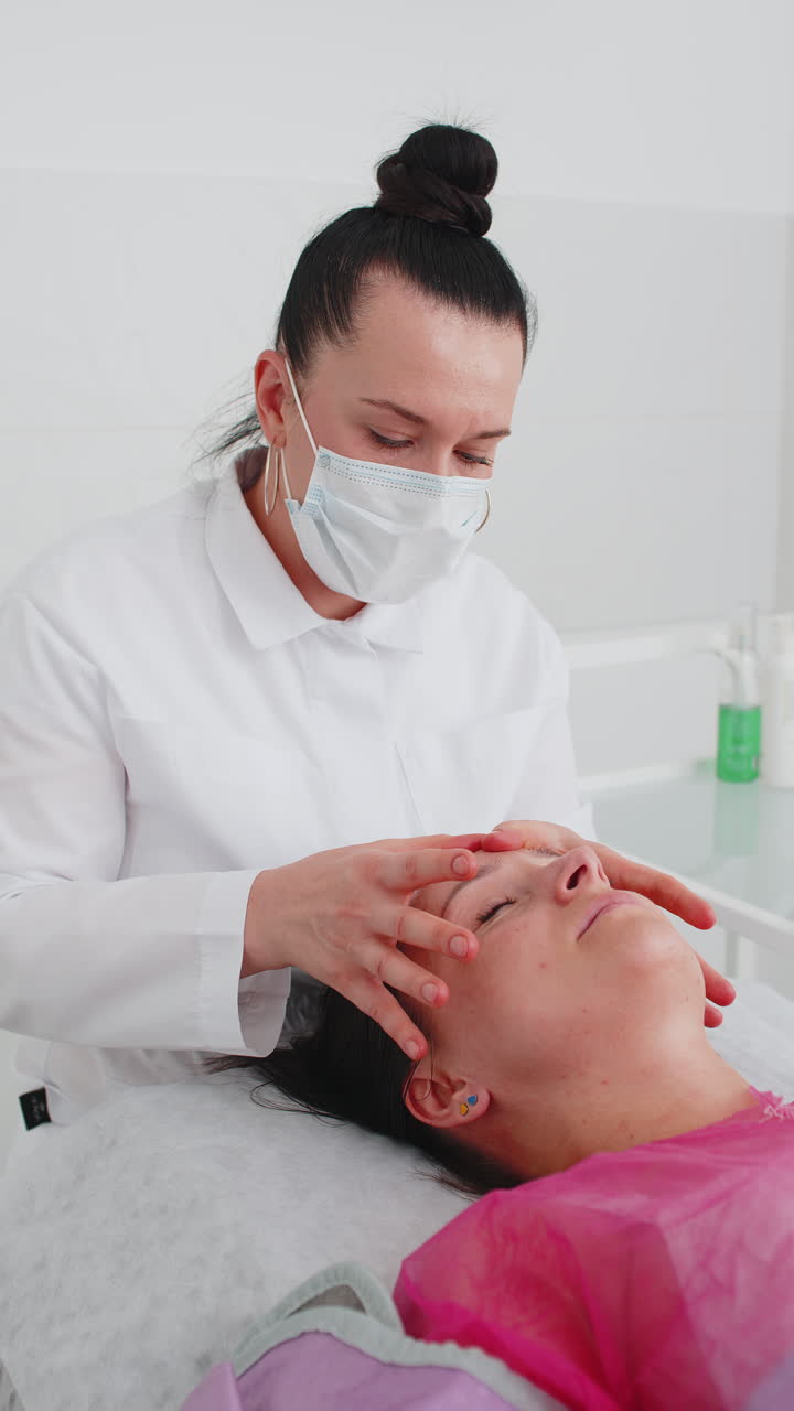 terapeuta de cosmetología haciendo mujer relajante spa masaje facial con las manos en el salón de desintoxicación y curación