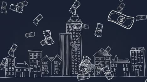 animation of banknotes falling over cityscape