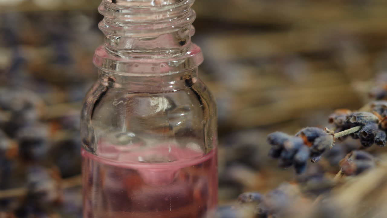 Lavender Essential Oil in a Glass Bottle