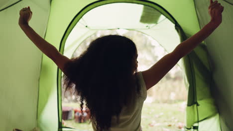 Wake-up,-stretching-and-camping-with-woman-in-tent