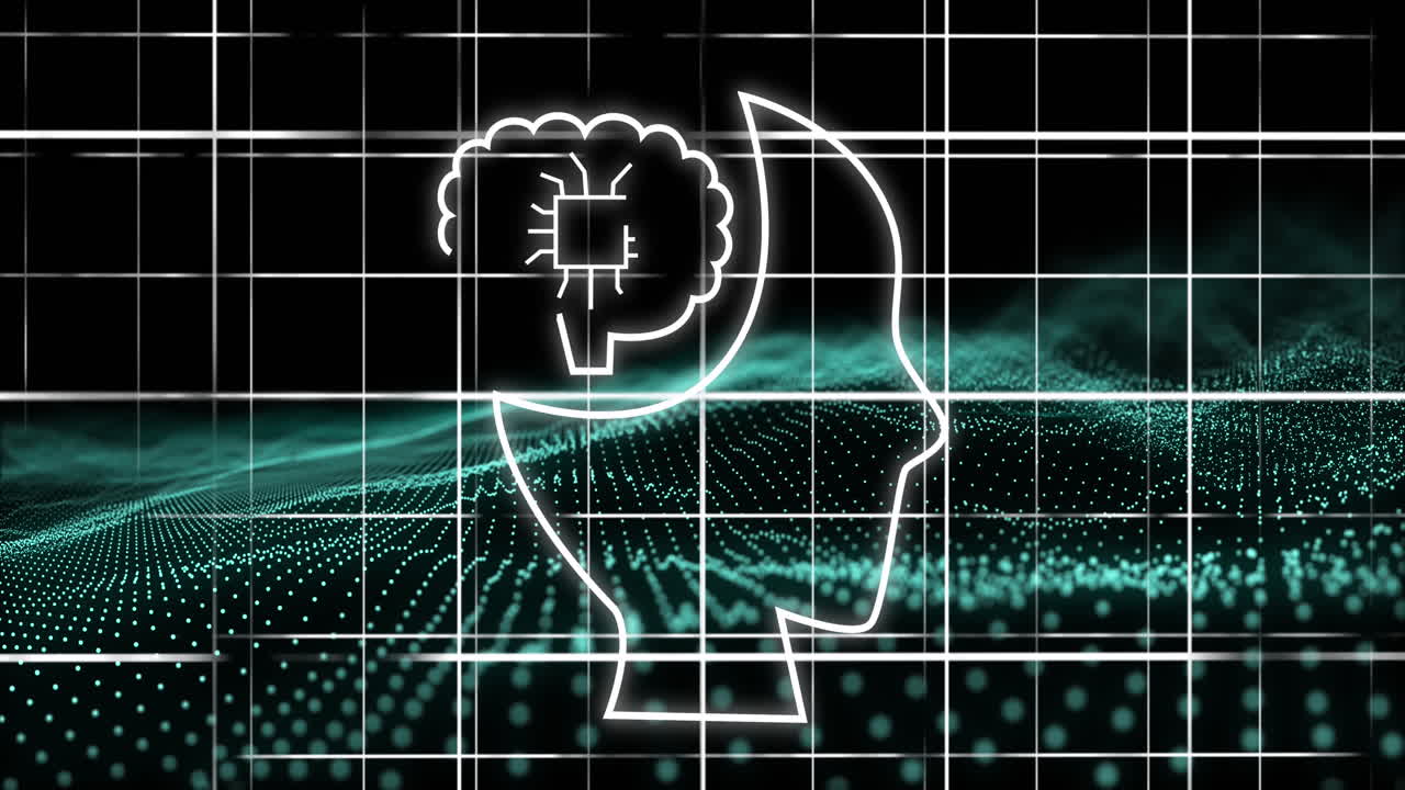 Animation of ai icon and data processing over green mesh and grid