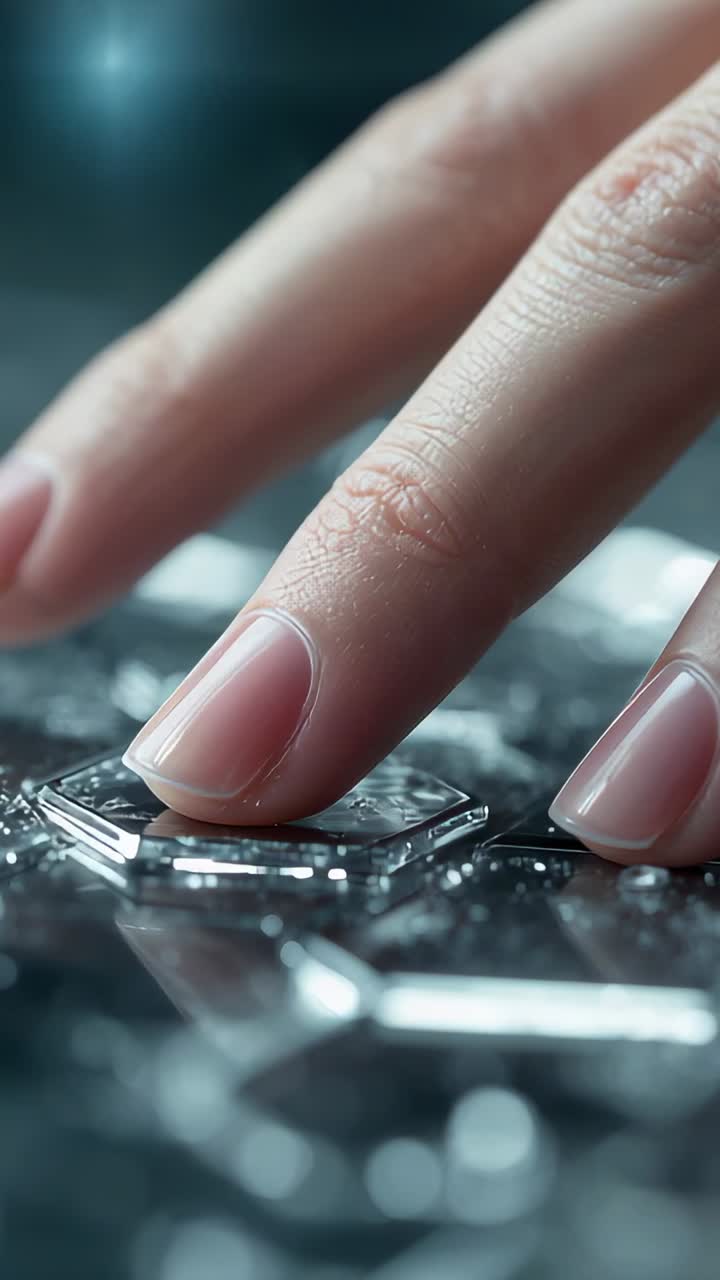 Vertical video: Fingers lowering, pressing and sliding on studio hex tile droplets, revealing shine