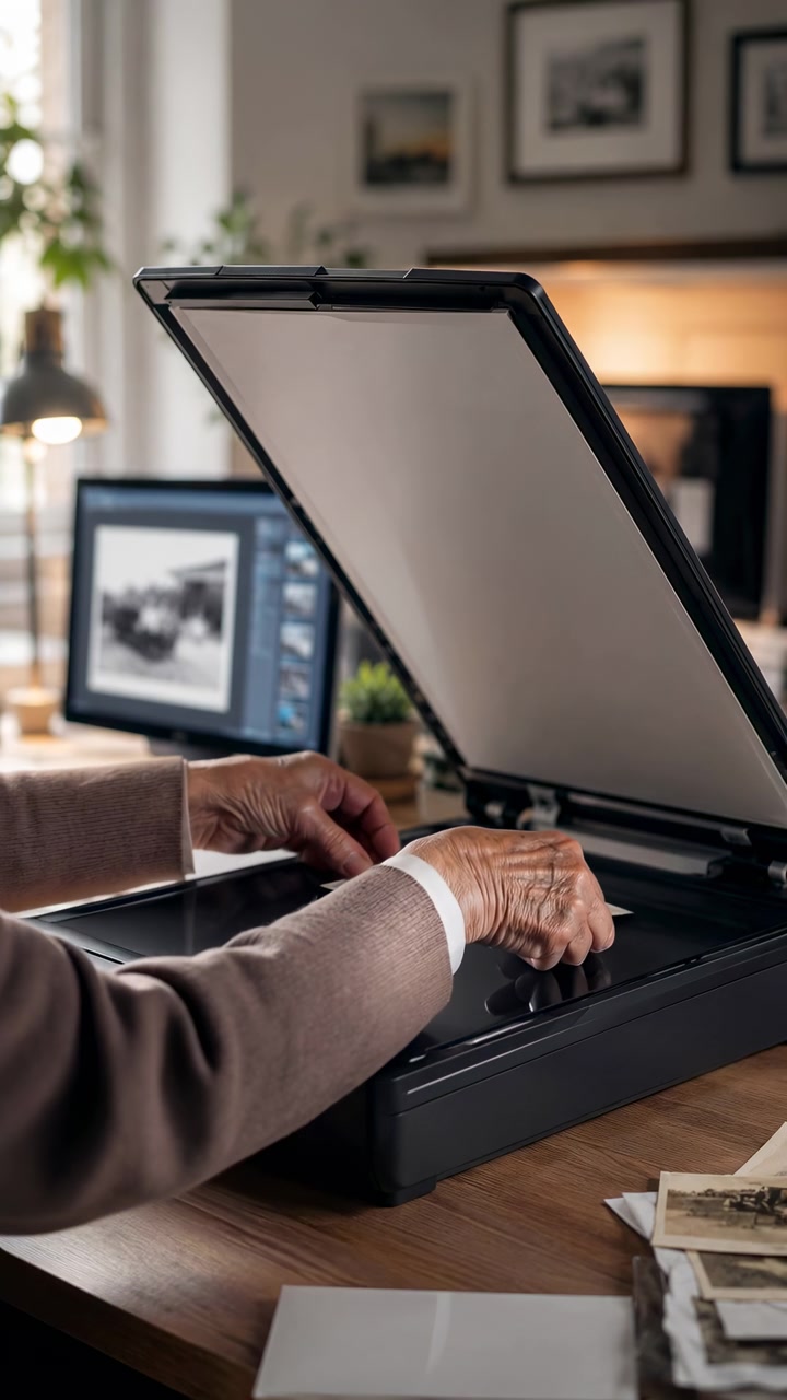 Close-up motion of hands positioning vintage black and white photograph on flatbed scanner glass, flattening edges, aligning corners, and preparing image for digital archiving in cozy home office