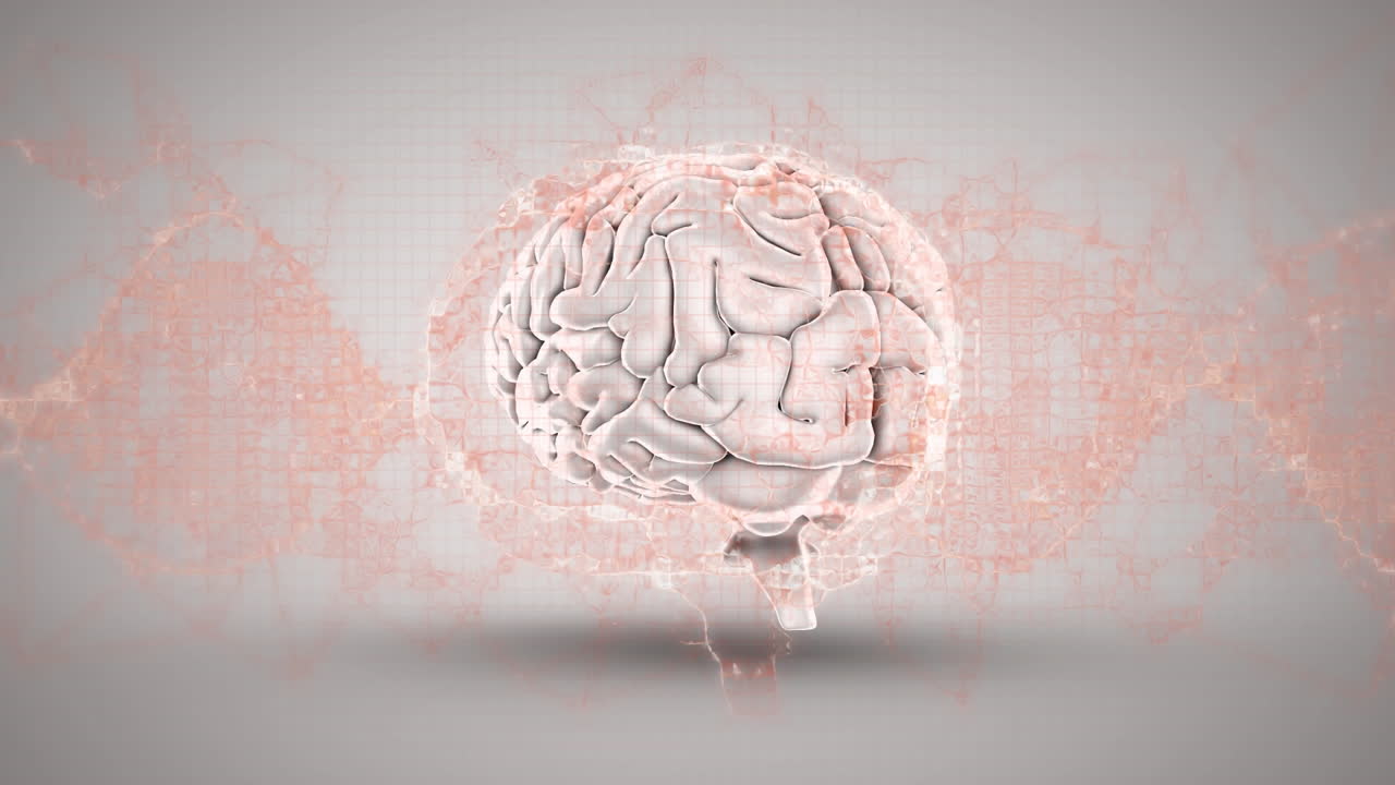 animación digital de ondas digitales rosadas contra el cerebro humano girando contra un fondo gris