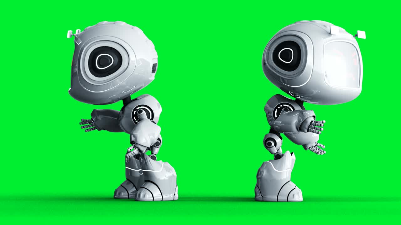 animación de robot de juguete blanco enojado. desenfocamiento de movimiento físico. animación realista de pantalla verde 4k. pantalla verde