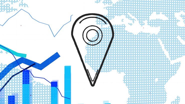 Digital animation of location pin icon and multiple graphs moving against world map