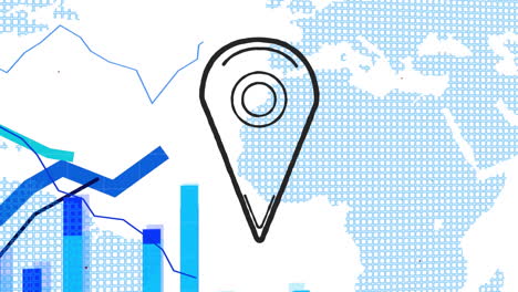 digital animation of location pin icon and multiple graphs moving against world map