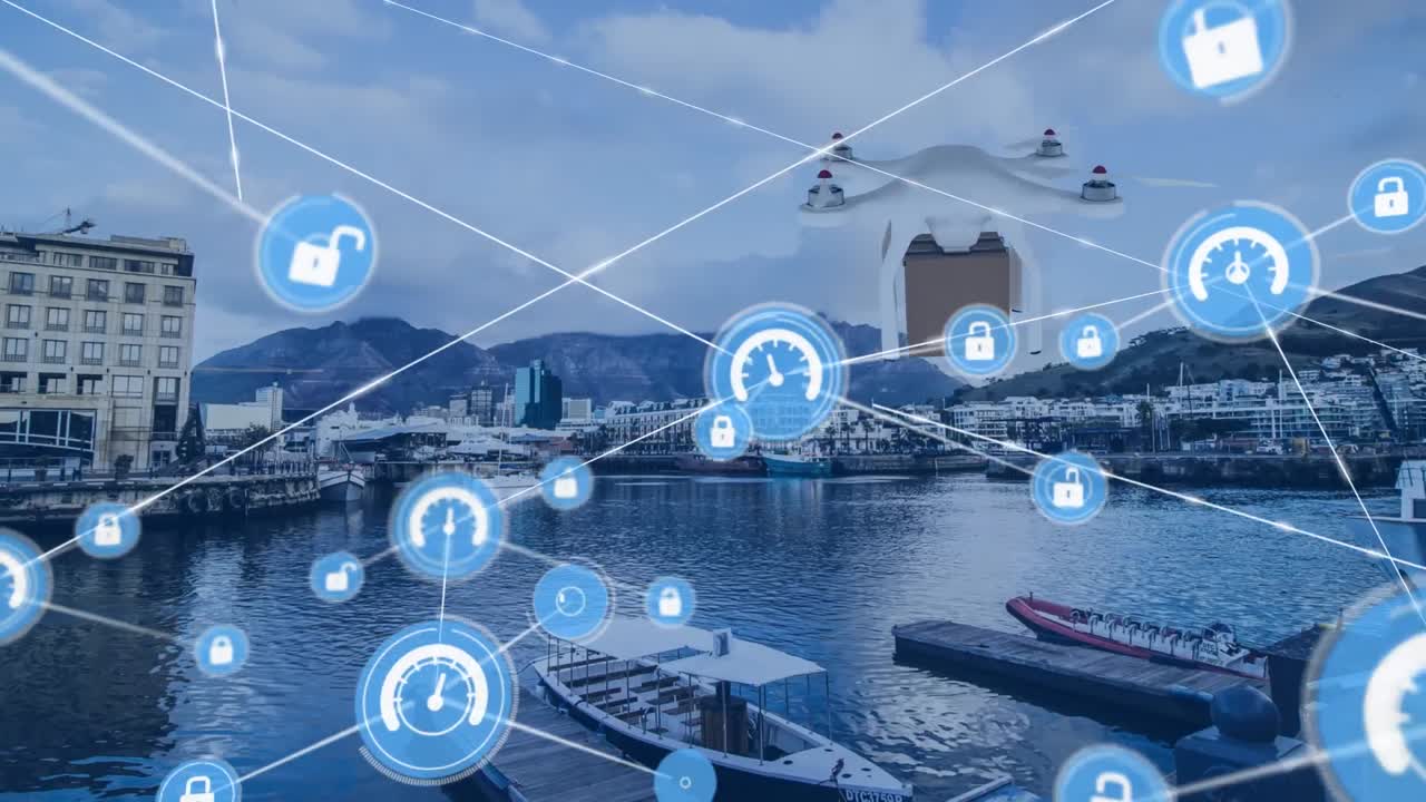 디지털 아이콘 네트워크와 배달 상자를 운반하는 드론이 항구 항구의 공중 전망에 대비됩니다.