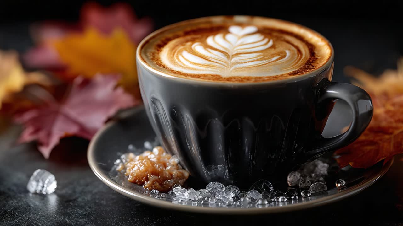 A Warm Cup of Artisan Coffee with Beautiful Latte Art Surrounded by Autumn Leaves and Natural Decor, Perfect for Cozy Moments and Seasonal Enjoyment