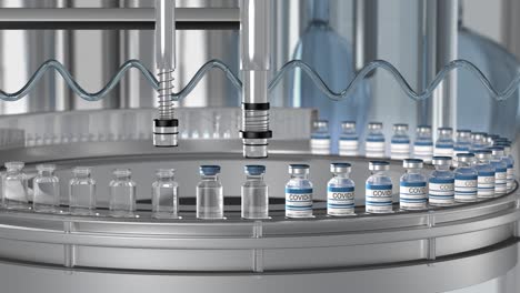 sars-cov-2 covid-19 mass production of coronavirus vaccine, a machine pours the vaccine, seals bottle caps into ampoules moving along a pharmaceutical conveyor belt in a research laboratory