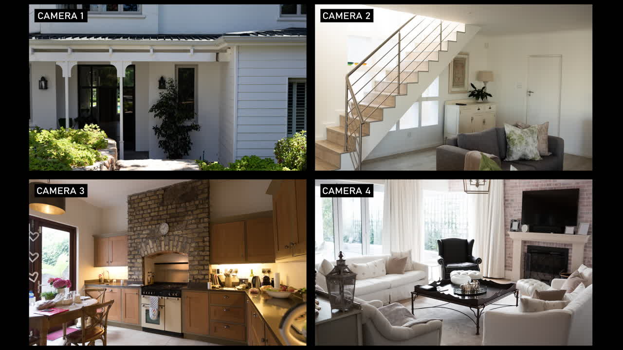 Composite of views from four security cameras in different areas at a family home