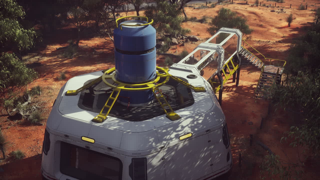 사막 풍경에 착륙하는 미래의 우주선