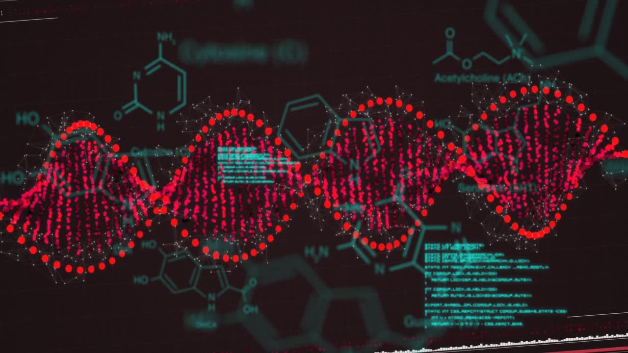 animación de la cadena de adn que gira sobre estructuras químicas y procesamiento de datos
