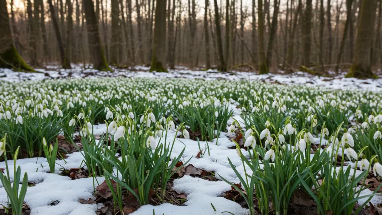 A Serene Winter Landscape Awash with Snowdrop Flowers Emerging from Beneath the Snow in a Tranquil Forest Setting, Capturing the Beauty of Nature's Resilience
