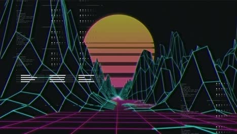 animazione di elaborazione dei dati e montagne digitali con sole su sfondo nero