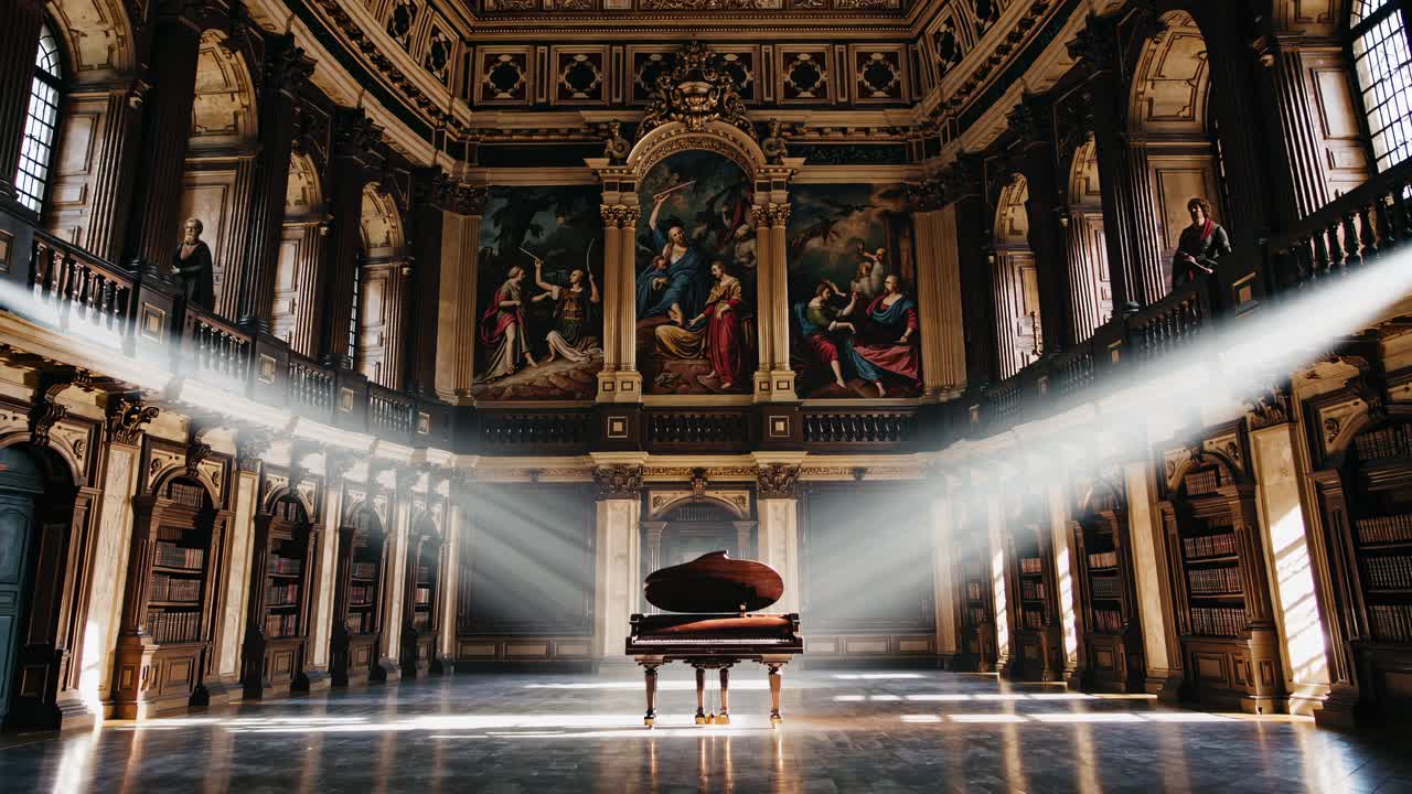 Grand Piano in a Historic Library Hall