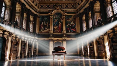 grand piano in a historic library hall
