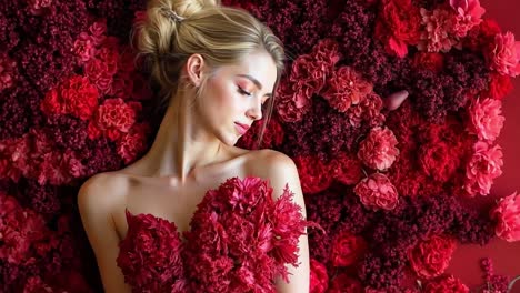 a woman in a red dress surrounded by red flowers