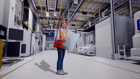 ingeniera revisando planos en una fábrica moderna