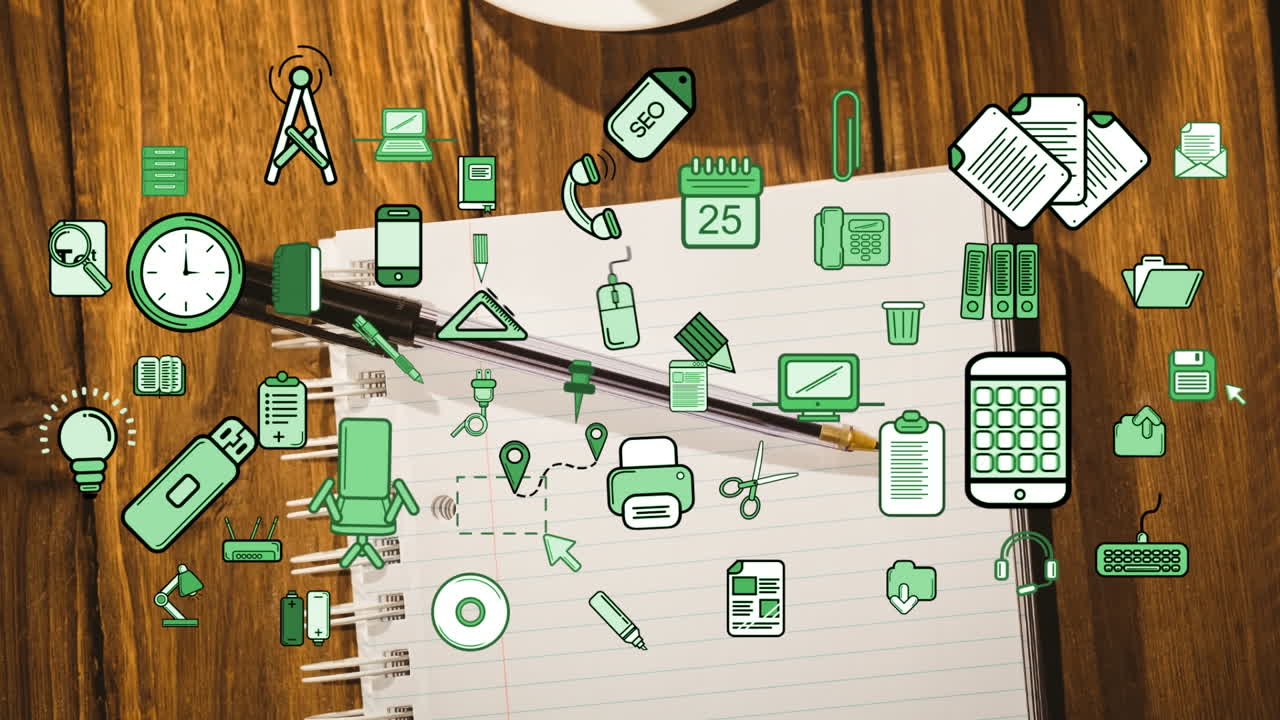 animación de iconos sobre el cuaderno en el escritorio