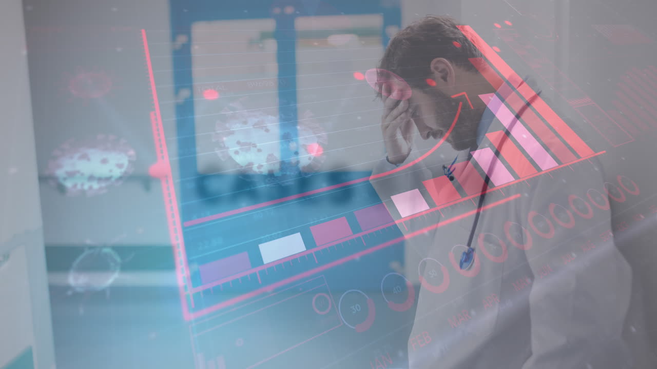 스트레스를 받은 남성 의사에 대한 코로나바이러스 개념 텍스트와 데이터 처리