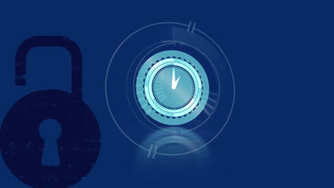animation of clock moving fast over online security padlock on blue background