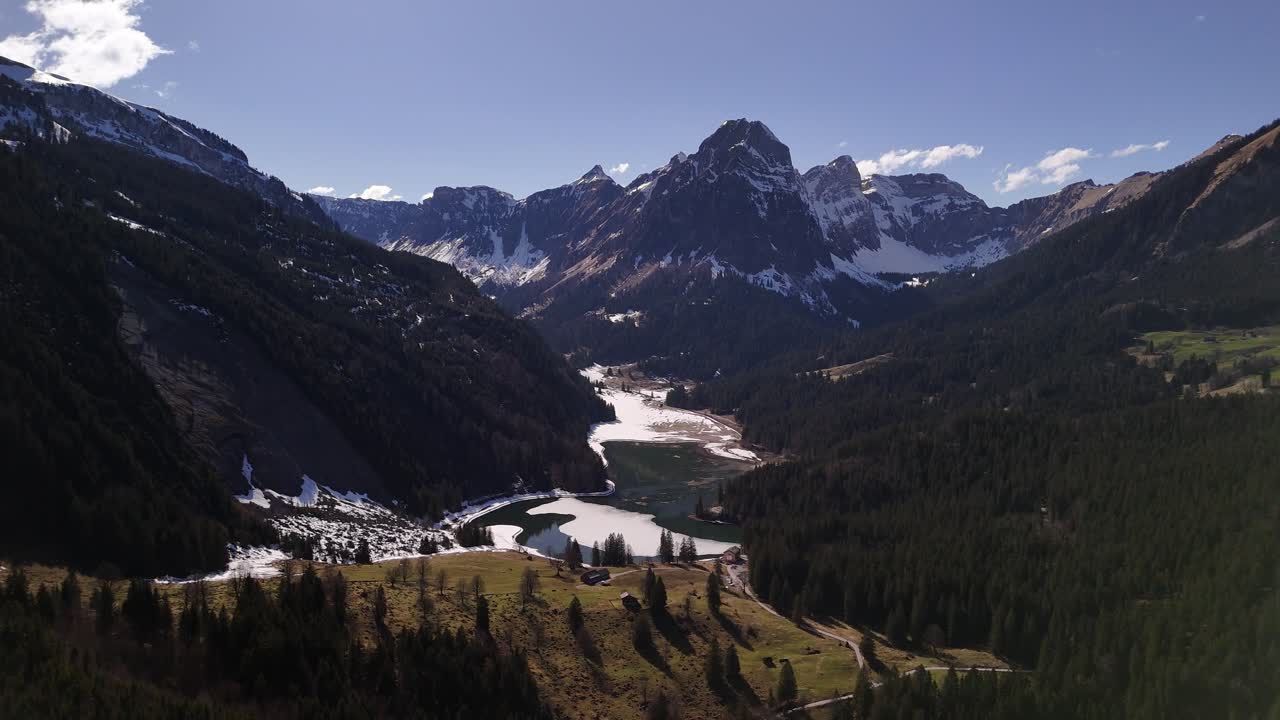 Obersee lake aerial drone glacier water valley in Switzerland Alps Glarus