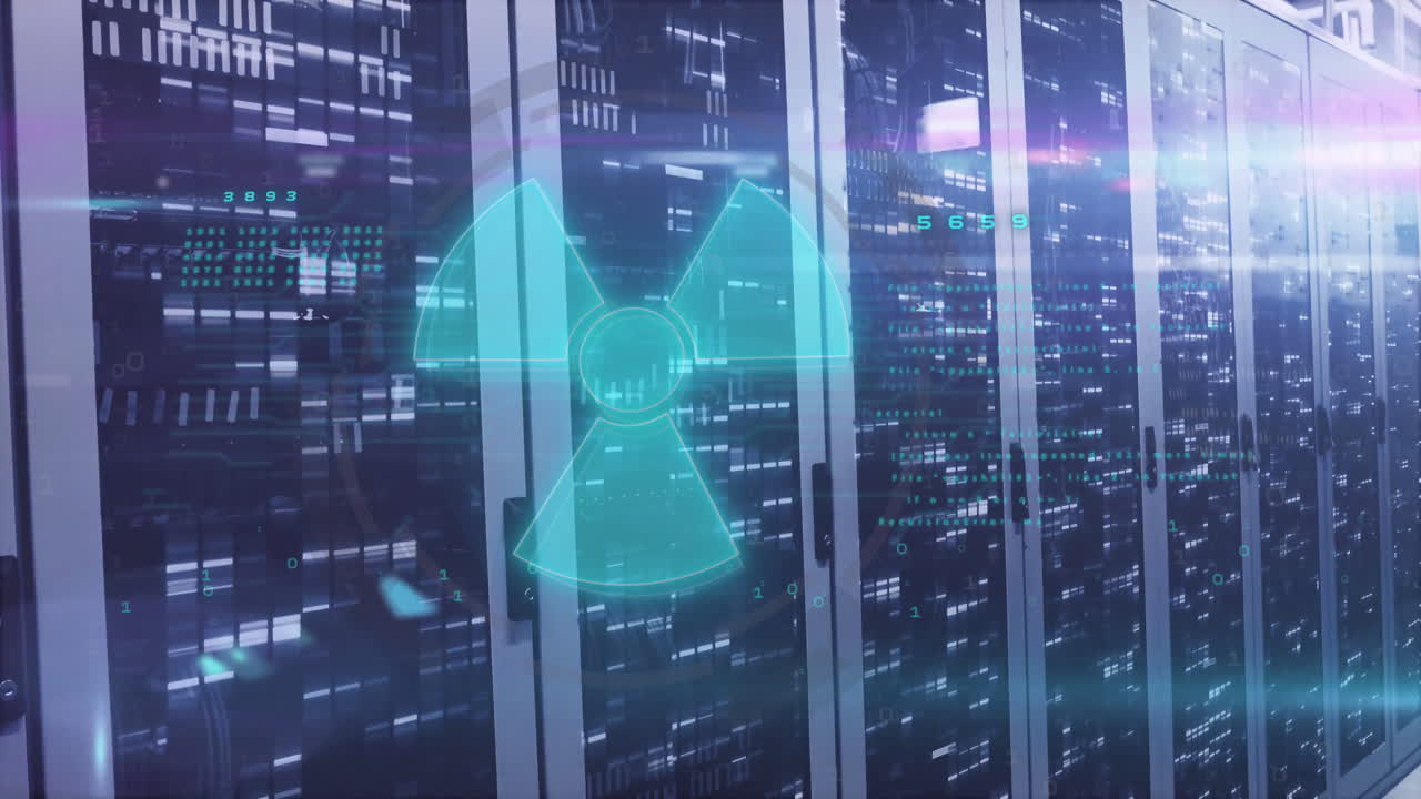 Server cabinets glowing under blue LEDs projecting cyan hazard symbol with floating binary data