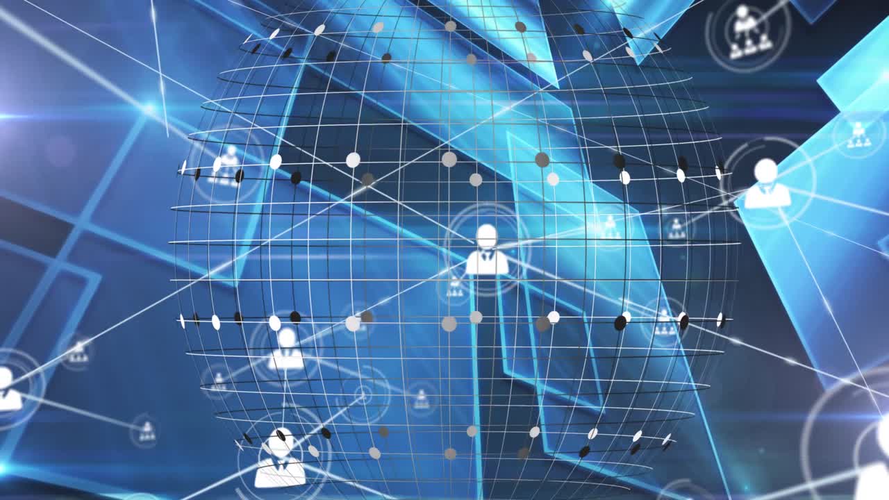 파란색 배경에 회전하는 지구와 사각형 모양의 프로필 아이콘 네트워크의 애니메이션