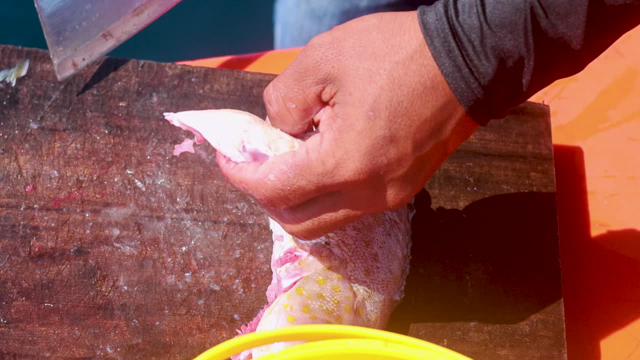 A person skillfully cleans a fish on a wooden board under bright sunlight, using a knife for precise cuts