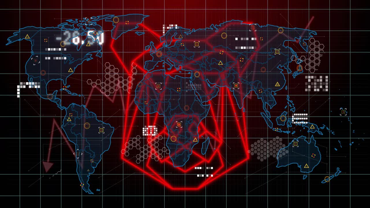 Grid expanding digital map visualizing global data, showing target over Africa, updating numbers