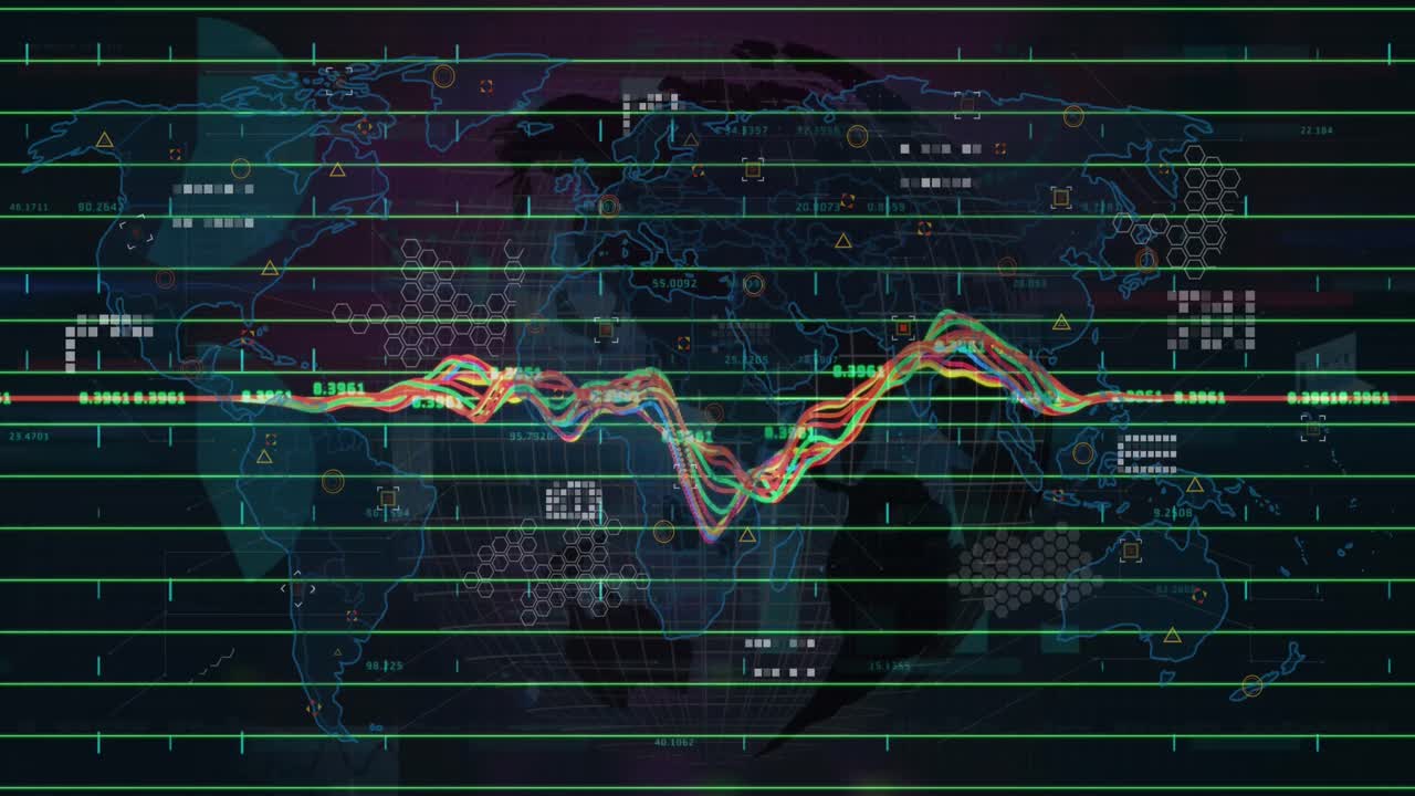 Animation of graphs and financial data on dark background