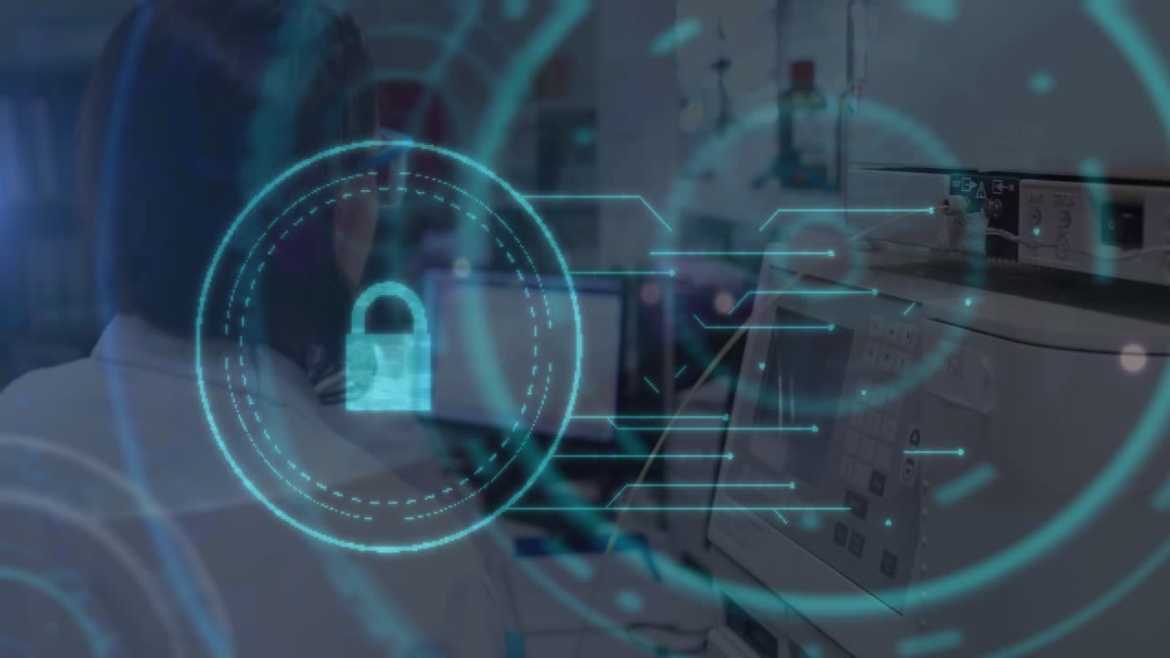 animación de bloqueo de seguridad en línea y alcance sobre científica caucásica