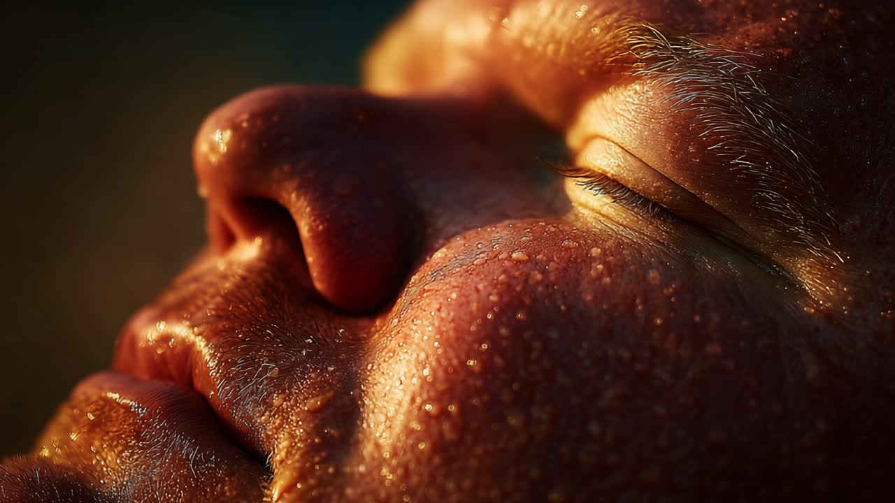 A Close-Up Study of the Human Face Highlighting Texture and Reflection in Natural Light, Capturing the Subtle Details of Skin, Beads of Moisture, and Soft Facial Features