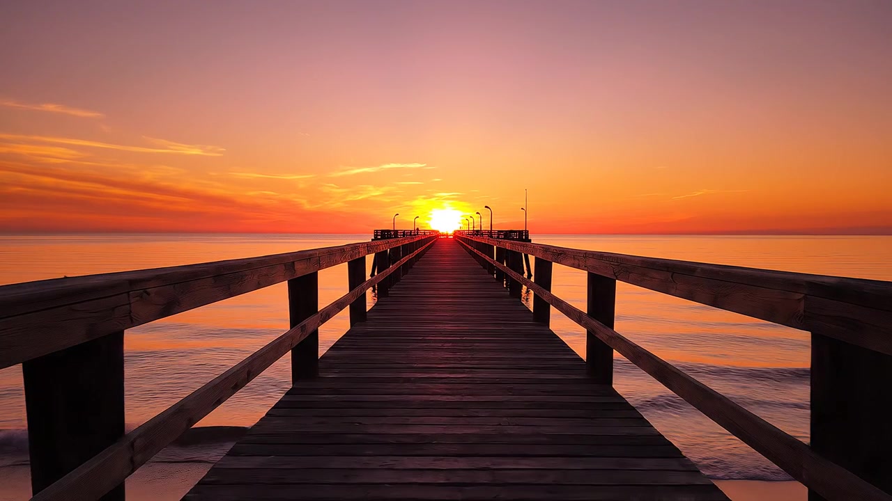 Wooden pier stretching towards a vibrant orange sunset over ocean
