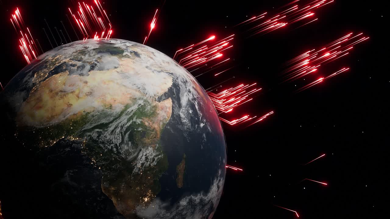 Planet Earth with visible Africa at night and glowing red digital arrows in outer space. 3D render representing global data transmission, cyber communication and digital infrastructure for design
