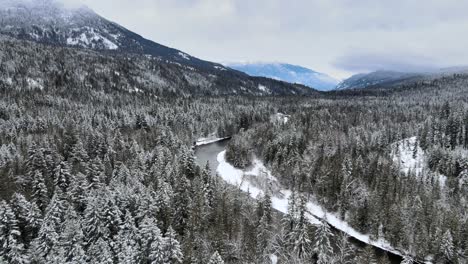 Das-Winterwunderland-Des-Adams-River:-Ein-Bedeckter-Himmel,-Neblige-Berge-Und-Immergrüner-Wald