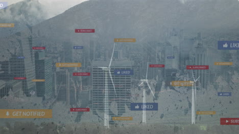 wind turbines and skyscrapers with social media notifications overlay animation