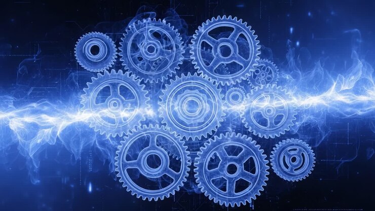 Dynamic Interplay of Gears: An Artistic Visualization of Mechanisms and Energy Flow Represented Through a Striking Blue Electric Background